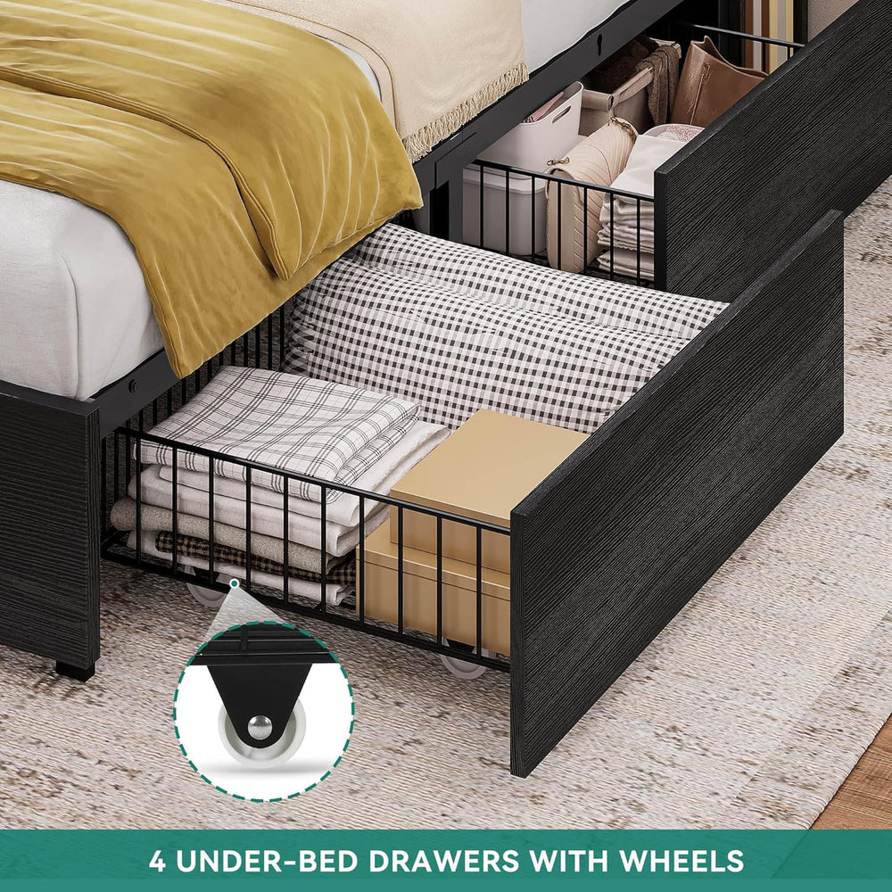 YITAHOME King Size Bed Frame, 51" Tall Bookcase Headboard, 4 Storage Drawer