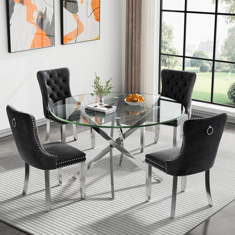 SSLine 5-Piece Round Glass Dining Table Set for 4, Modern Glass Kitchen Table...