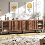 Farmhouse TV Stand for TVs up to 100 Inch, Entertainment Center TV Console with Storage Cabinets and Glass Doors,Media Console for Living Room,Brown