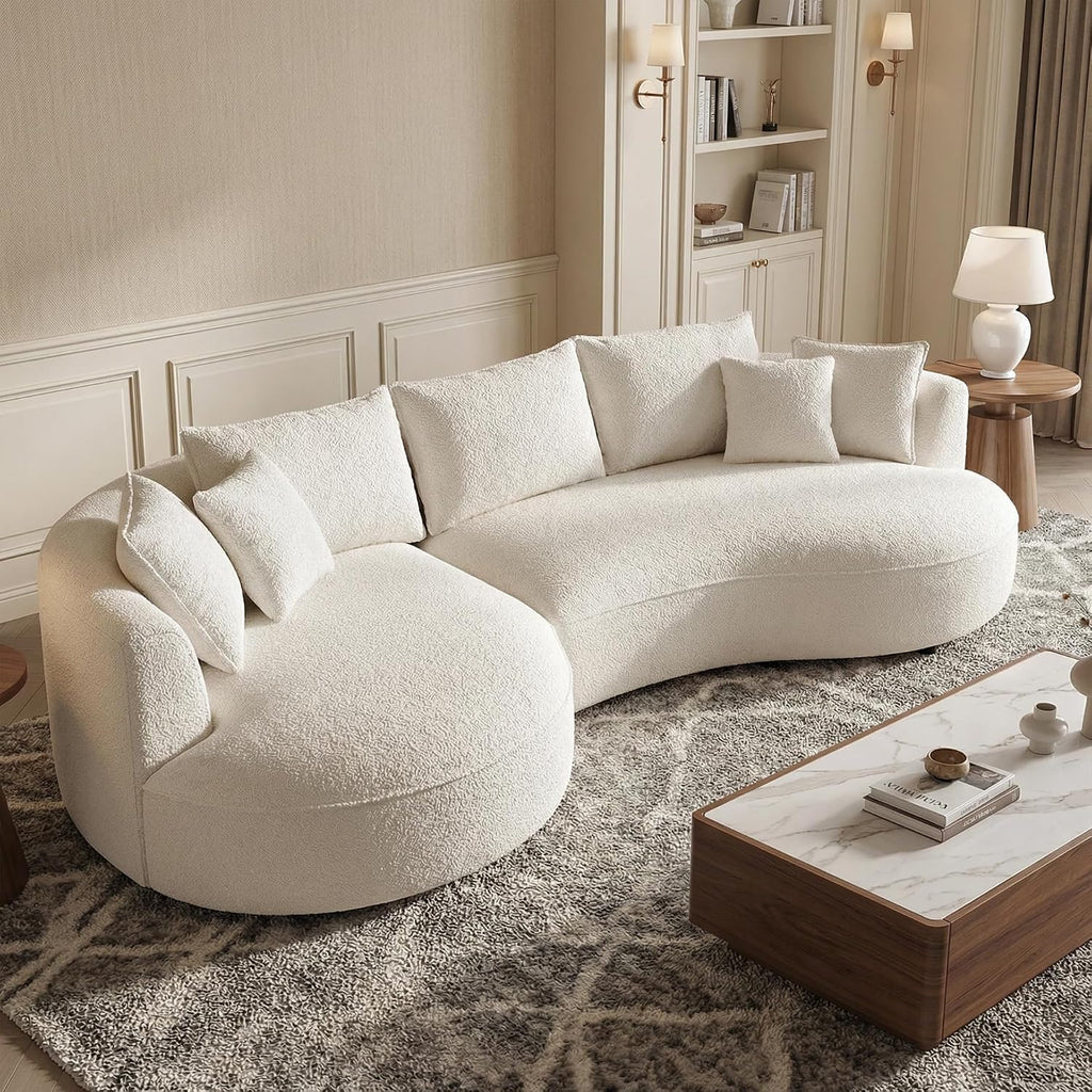 Oversized Curved Sectional Sofa, 125", 5-Seater, Upholstered, Boucle, Cloud | Boucle Upholstered Modular Couch with Chaise, Deep Seat Luxury Cloud Sofa, for Living Room, Apartment, Right Facing, Beige