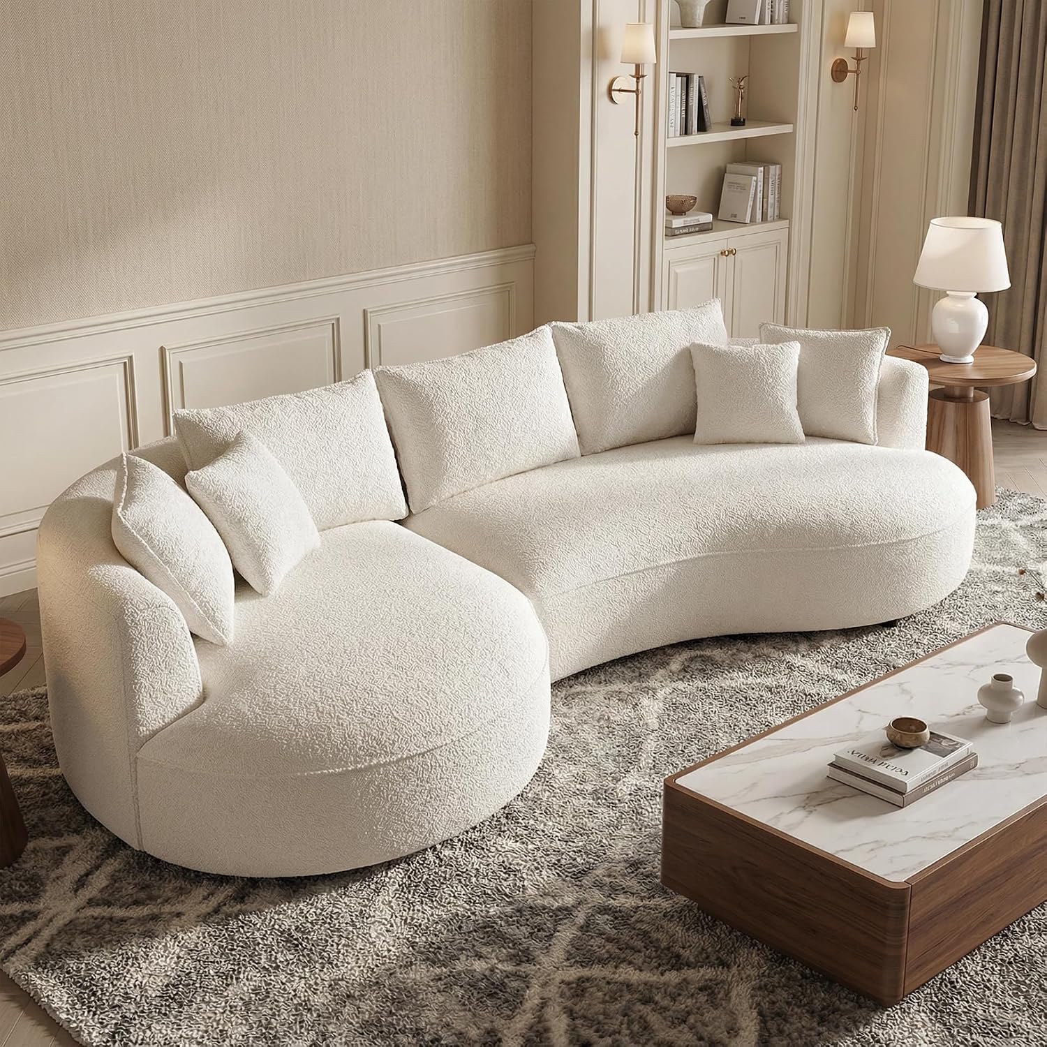 Oversized Curved Sectional Sofa, 125", 5-Seater, Upholstered, Boucle, Cloud | Boucle Upholstered Modular Couch with Chaise, Deep Seat Luxury Cloud Sofa, for Living Room, Apartment, Right Facing, Beige