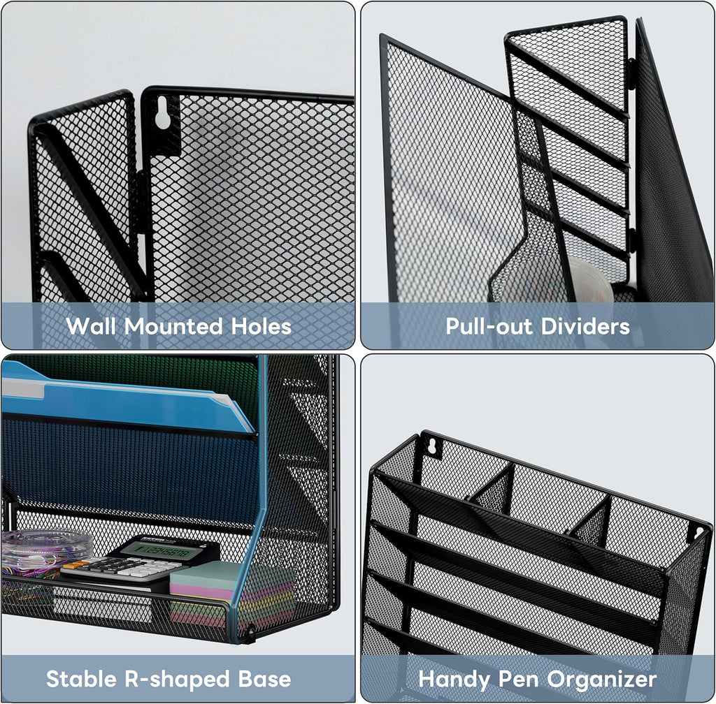 File Organizer Wall Mounted 5 Tiers, Durable Adjustable Metal Vertical Hanging, Stable R-Shaped Bottom 4 Pull-Out Deviders to Sort File,Mail,Newspaper,Pen, Suitable for Office,Black
