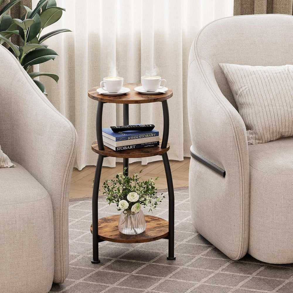 Small Round Side Table for Small Spaces, 3-Tier End Table with Storage Shelf,...