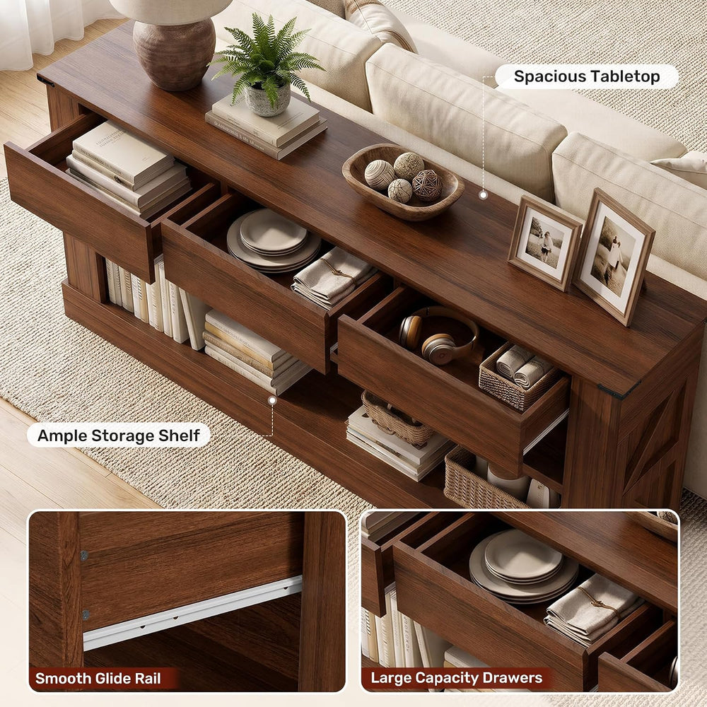 Miereirl 63" Console Table with Drawers & LED Light, Farmhouse, Waln...