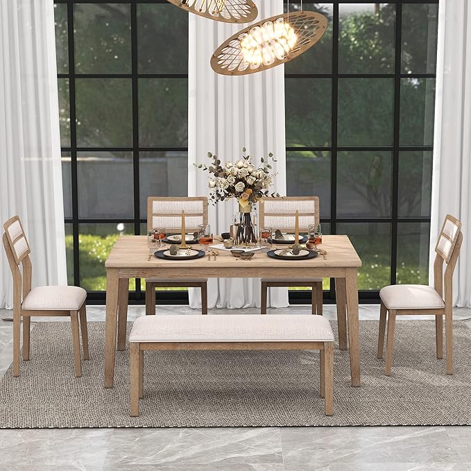 6 Pieces Dining Table Set with 60" Rectangle Kitchen Desk,Wooden Living Room Furniture W/ 4 Upholstered Chairs & 1 Bench,for Restaurant,Home Bistro,Natural Wood Wash
