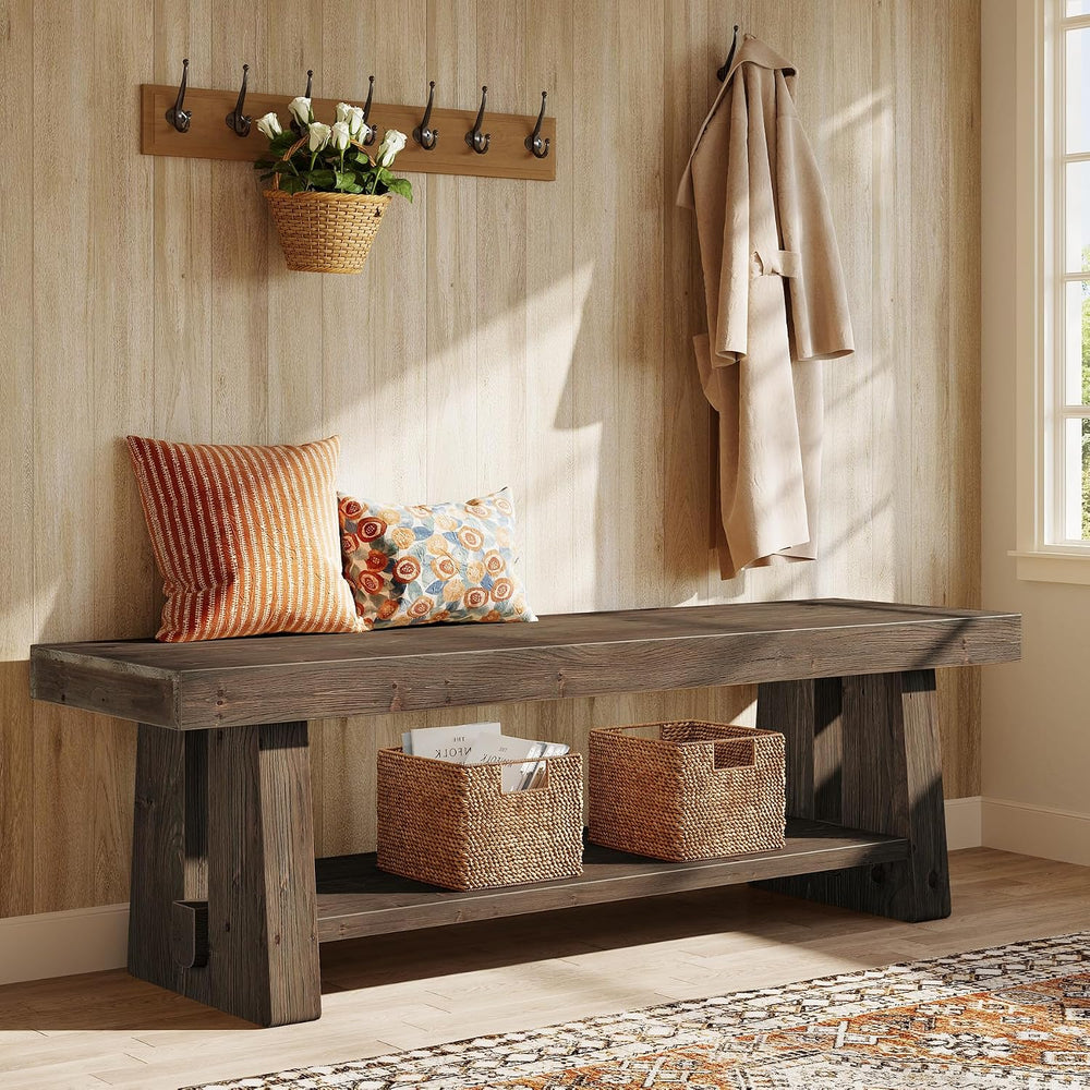 63'' Solid Wood Entryway Bench with Open Shelves, 2-Tier End of Bed B...