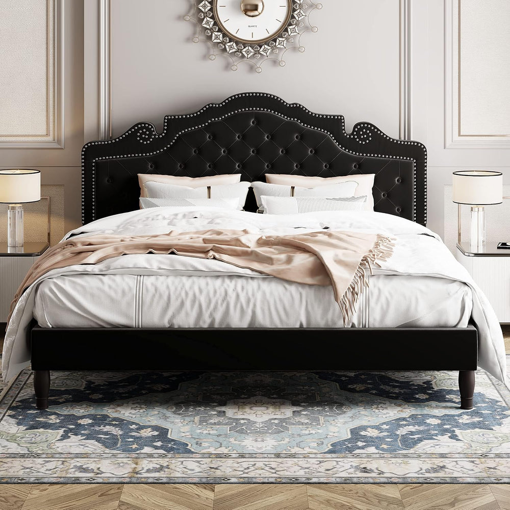 Allewie King Bed Frame with Adjustable Velvet Tiara Headboard, Upholstered Di...