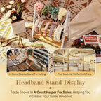 Headband Holder Organizer Metal 2-Tier Display Stand for Selling, Home Bedroom Headband Storage for Girls Women, Headband Stand Wood Base Can Store Hair Ties, White