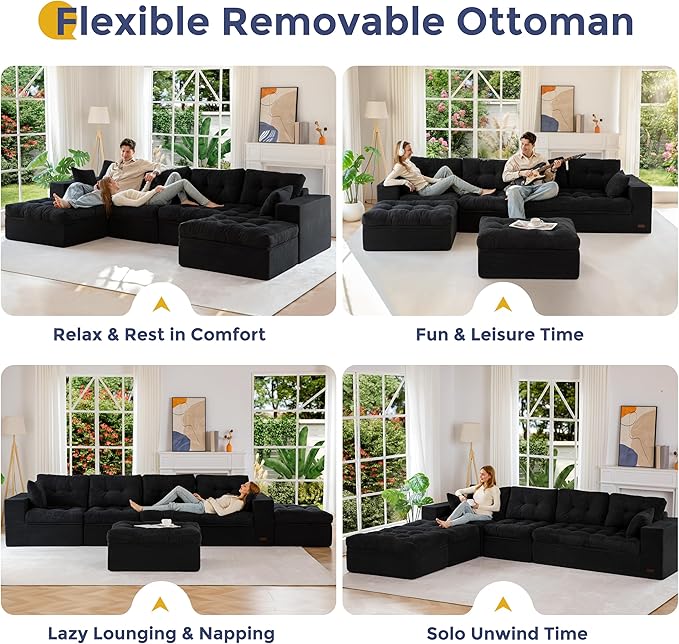 MAXYOYO 132" U Shaped Modular Sectional Sofa with 2 Ottomans, Cloud Boneless Couch with Layered Cushion, Flexible Module Combination Sofa for Living Room, No Assembly Required, Black