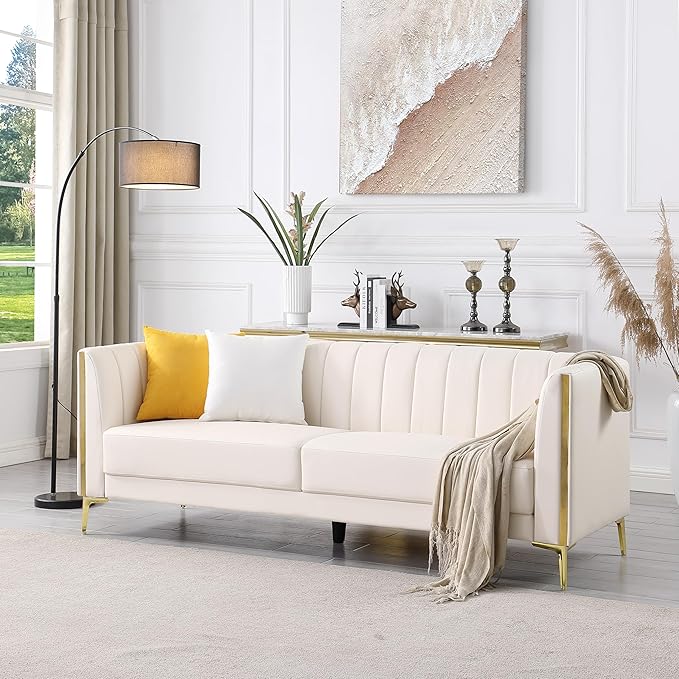 FOTOSOK White Leather Couch Sofa, Office Couches 78'' Apartment Faux Leather Sofa with 2 Throw Pillows & Gold Metal Legs, Waterproof 3 Seater Couches for Small Living Room, Luxury Cloud Sofa