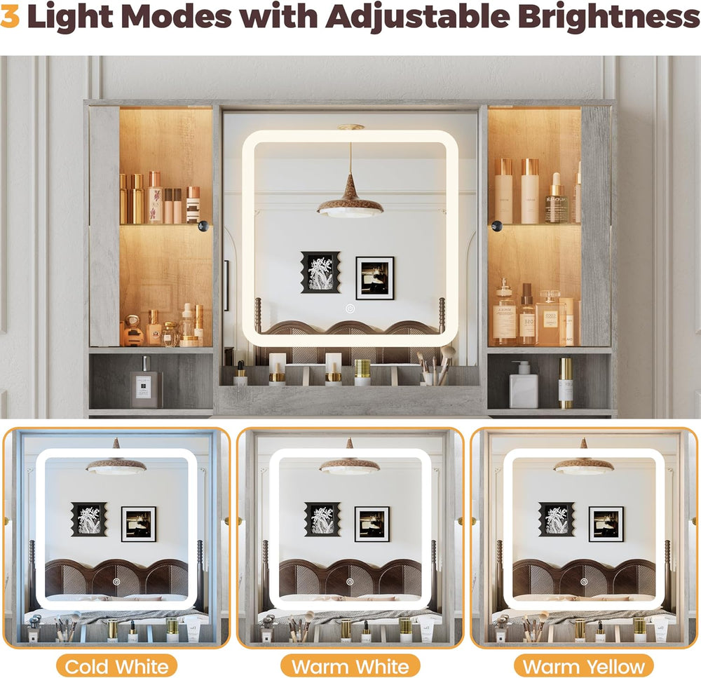 BORNOON Vanity Desk with Mirror and Lights, Makeup Vanity with 7 Drawers, 2 G...
