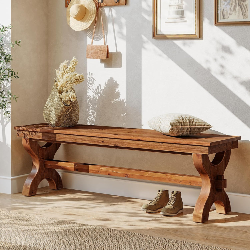 Solid Wood Dining Bench, 55-Inch Long Entryway Shoe Bench, Farmhouse Indoor S...