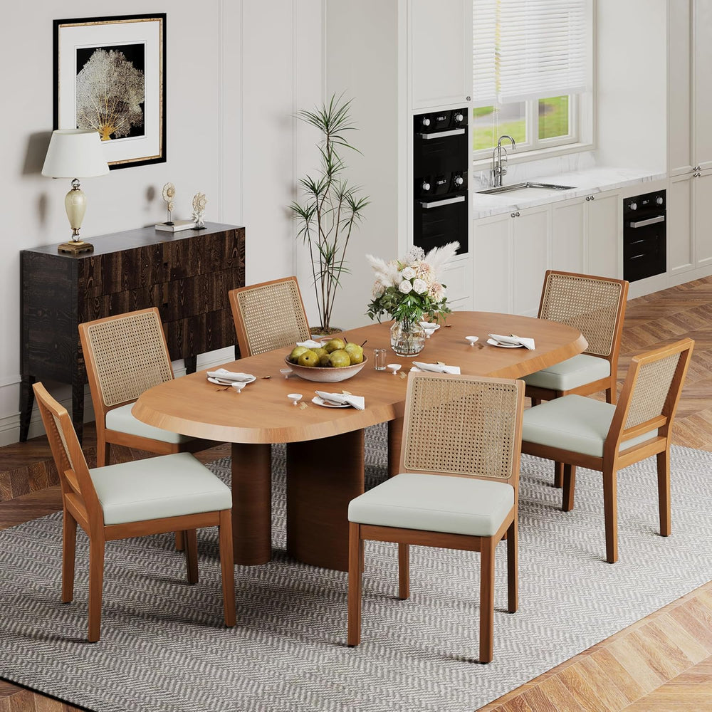 Andeworld Farmhouse Natural Rattan Dining Chairs Set of 6, Upholstered Mid Ce...