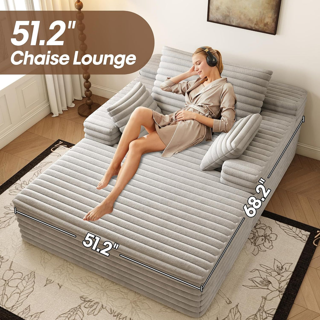 Oversized Chaise Lounge Chair Indoor,51" W Upholstered Sofa Bed,No Assembly Required,Fluffy Plush Modern Single Sleeper Couch Reading Chairs Corduroy Cloud Sofas Couches for Living Room, Bedroom,Grey