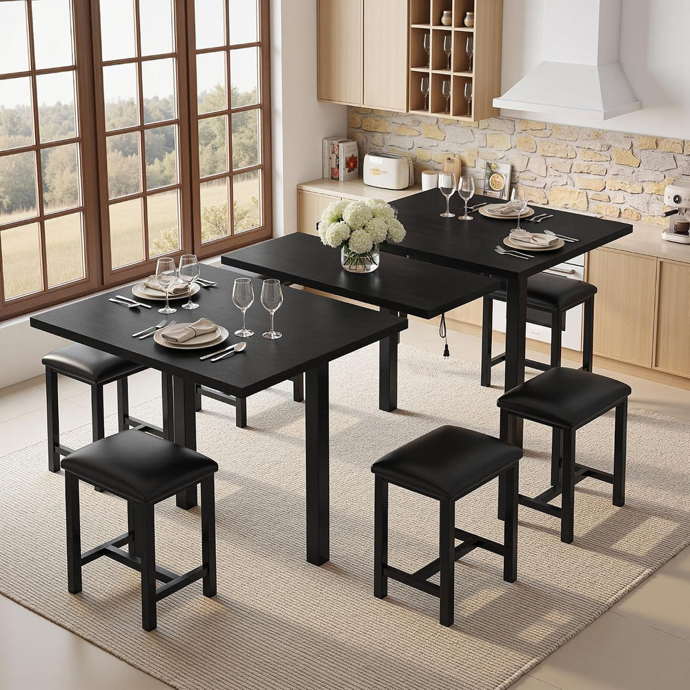 VECELO 7-Piece Dining Table Set with 6 Square PU Stools, 63" Expandable ...