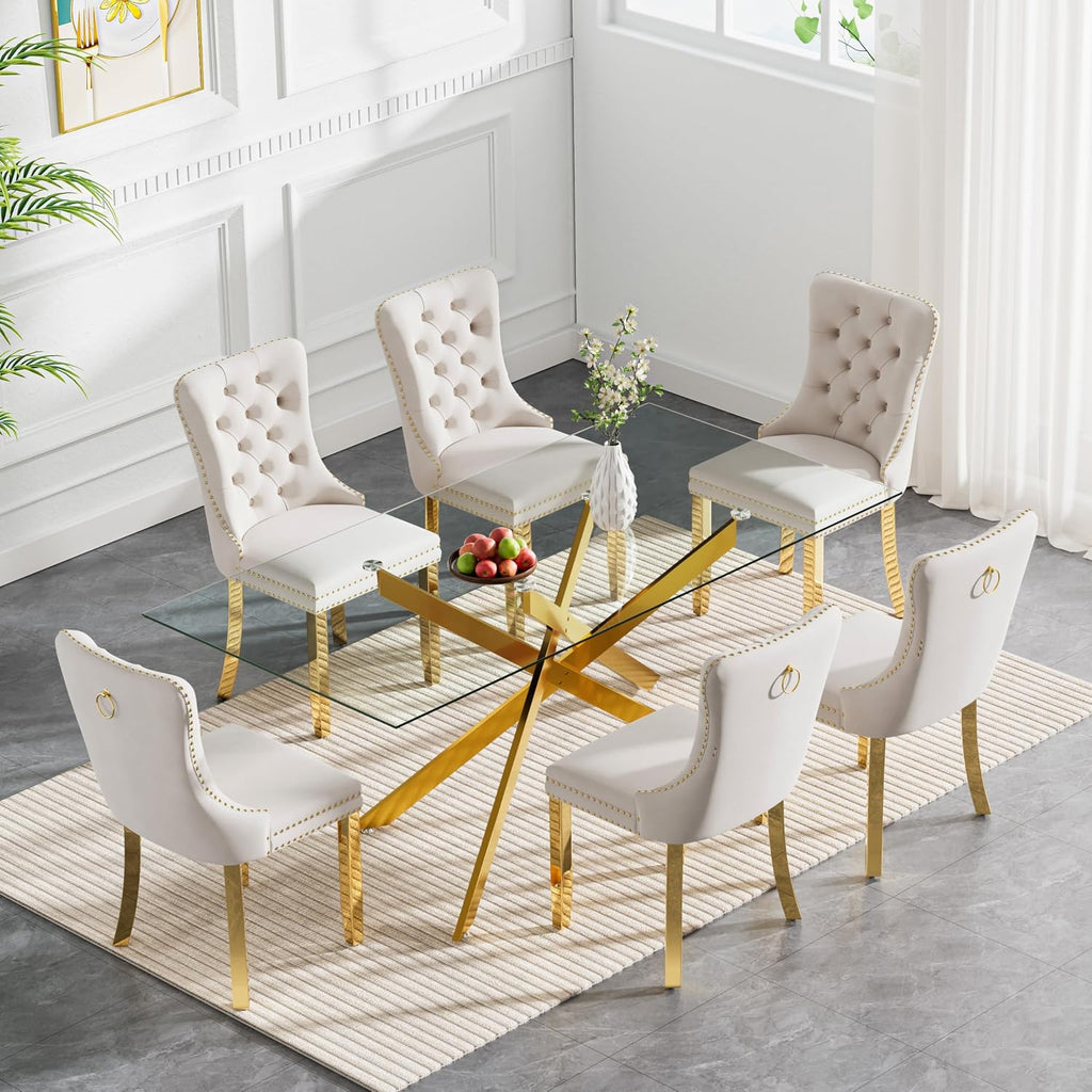 7 Piece Glass Dining Table Set Modern Glass Dining Table Set for 6, 61" Rectangular Gold Kitchen Table and 6 Velvet Upholstered Chairs, Gold Table & Beige Chair