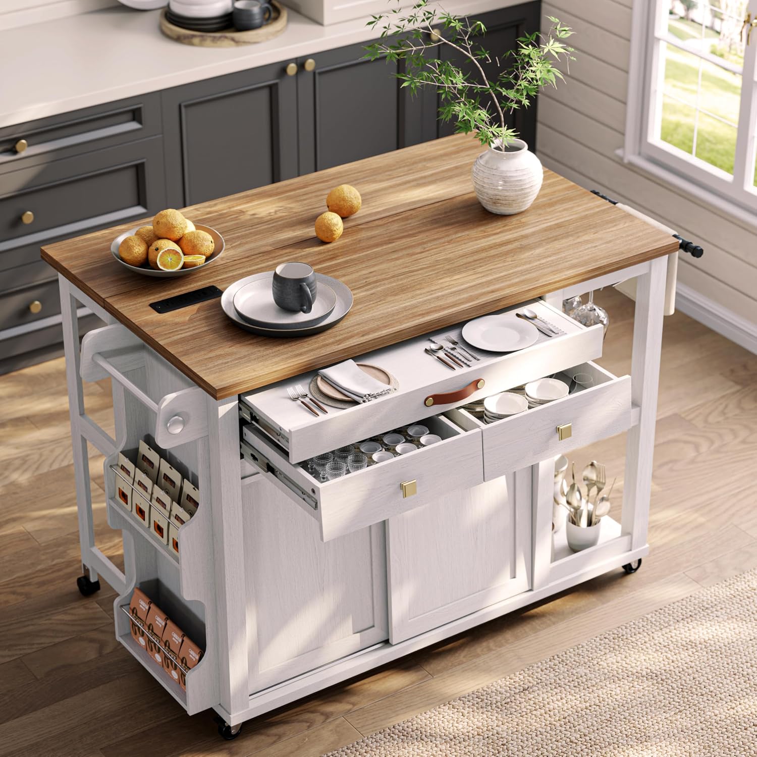 Kitchen Island with Storage Drawers & Charging Station & Drop Leaf | Rolling Kitchen Island Table on Wheels, Mobile Island Cart with Pull-Out Shelf, Spice Rack, for Dining Room (White)