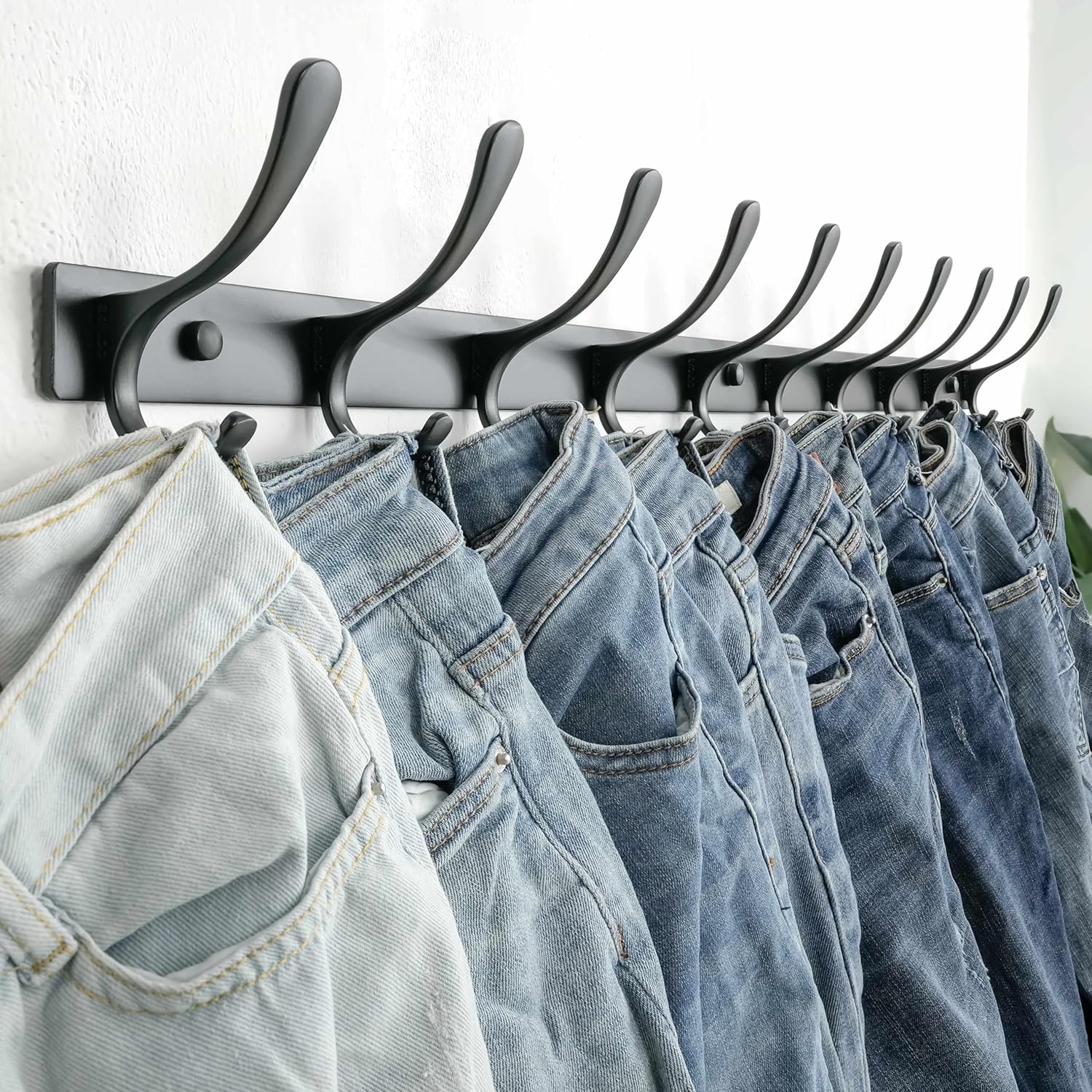 SKOLOO Coat Rack Wall Mounted - 10 Hooks, Heavy Duty, Stainless Steel, Metal Wall Hangers, Sturdy Coat Hooks for Hanging Coats, Jacket, Clothes, Hat, Black