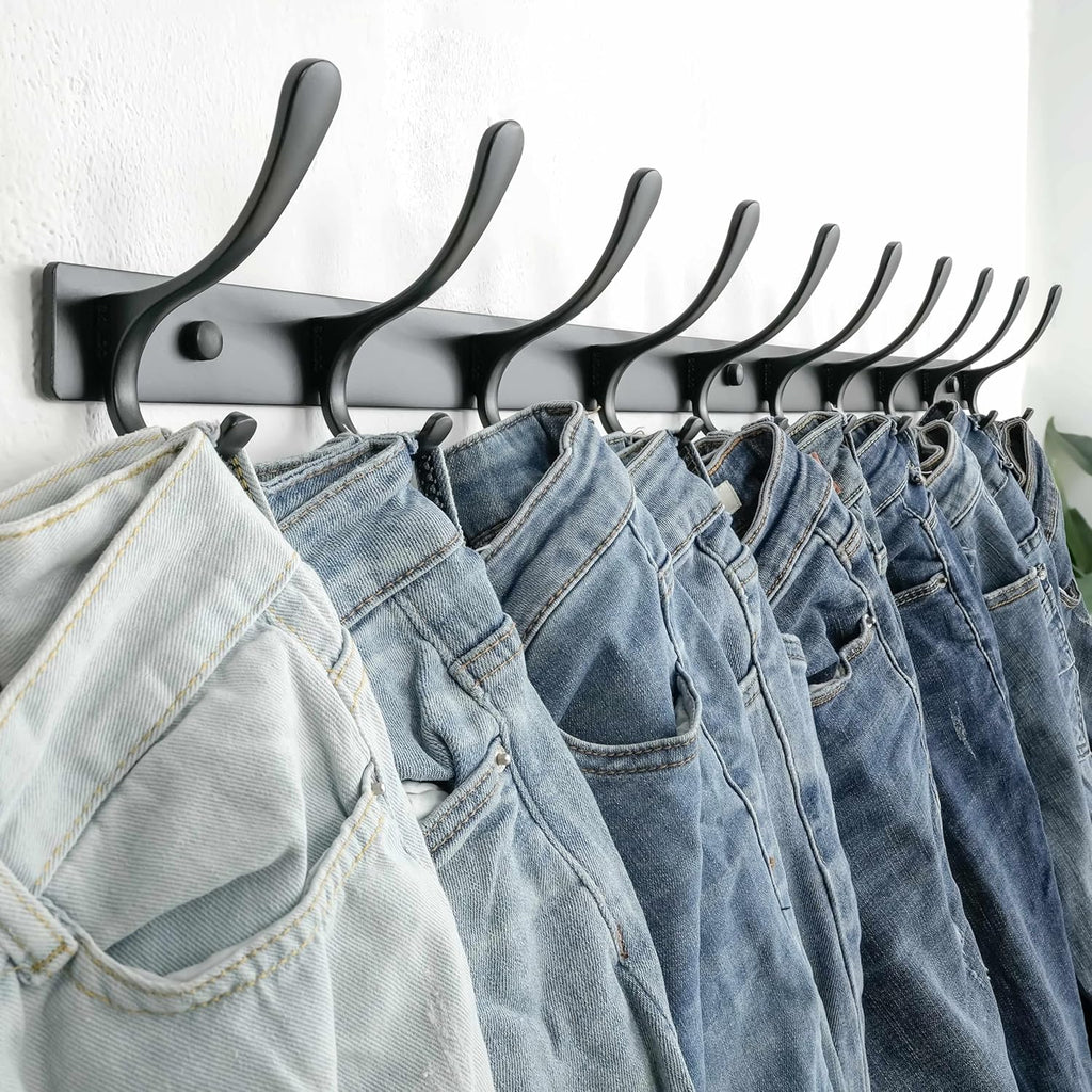 SKOLOO Coat Rack Wall Mounted - 10 Hooks, Pack of 2, Heavy Duty, Stainless Steel, Metal Wall Hanger, Sturdy Coat Hooks for Hanging Coats, Jacket, Clothes, Hat, Black
