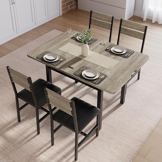 Dining Table Set for 4, Extendable Kitchen Table with 4 PU Leather Upholstered Dining Room Chairs, Wood Kitchen Table Set with Built-in Storage Rack for Dining & Small Spaces, Grey