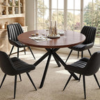 47.2" 5-Piece Round Dining Table Set for 4, Modern Wood Dining Table with 4 Upholstered Chairs, Kitchen & Dining Room Table Set with Metal Base for Apartment, Small Space, Walnut Table+4 Balck Chairs