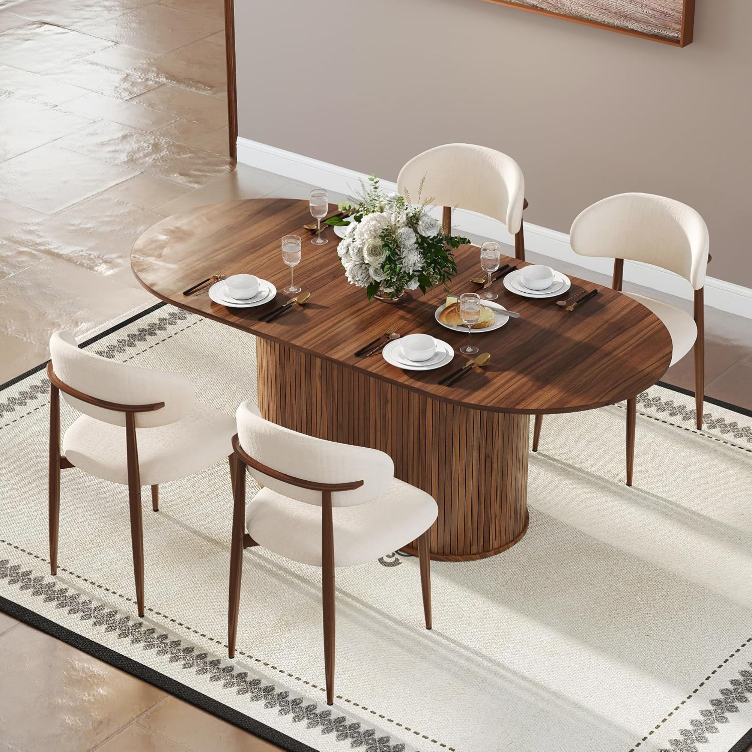 5-Piece Extendable Oval Dining Table Set for 4, 55"-71" Kitchen Table and 4 Beige Linen Chairs with Metal Legs, Wood Dining Room Table with MDF Tabletop&Base, Wulnat