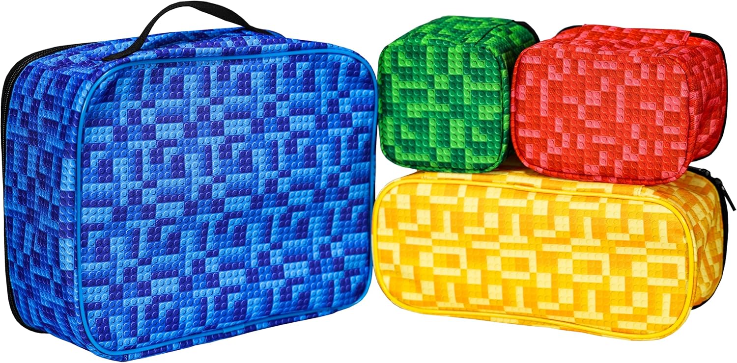 4-piece Kids Toy Storage Organizer Set Bag for Toy Building Bricks with See Through Clear TPU Top, Small Toy Packing Cube Bags, Clean Up Container case (grid pattern)