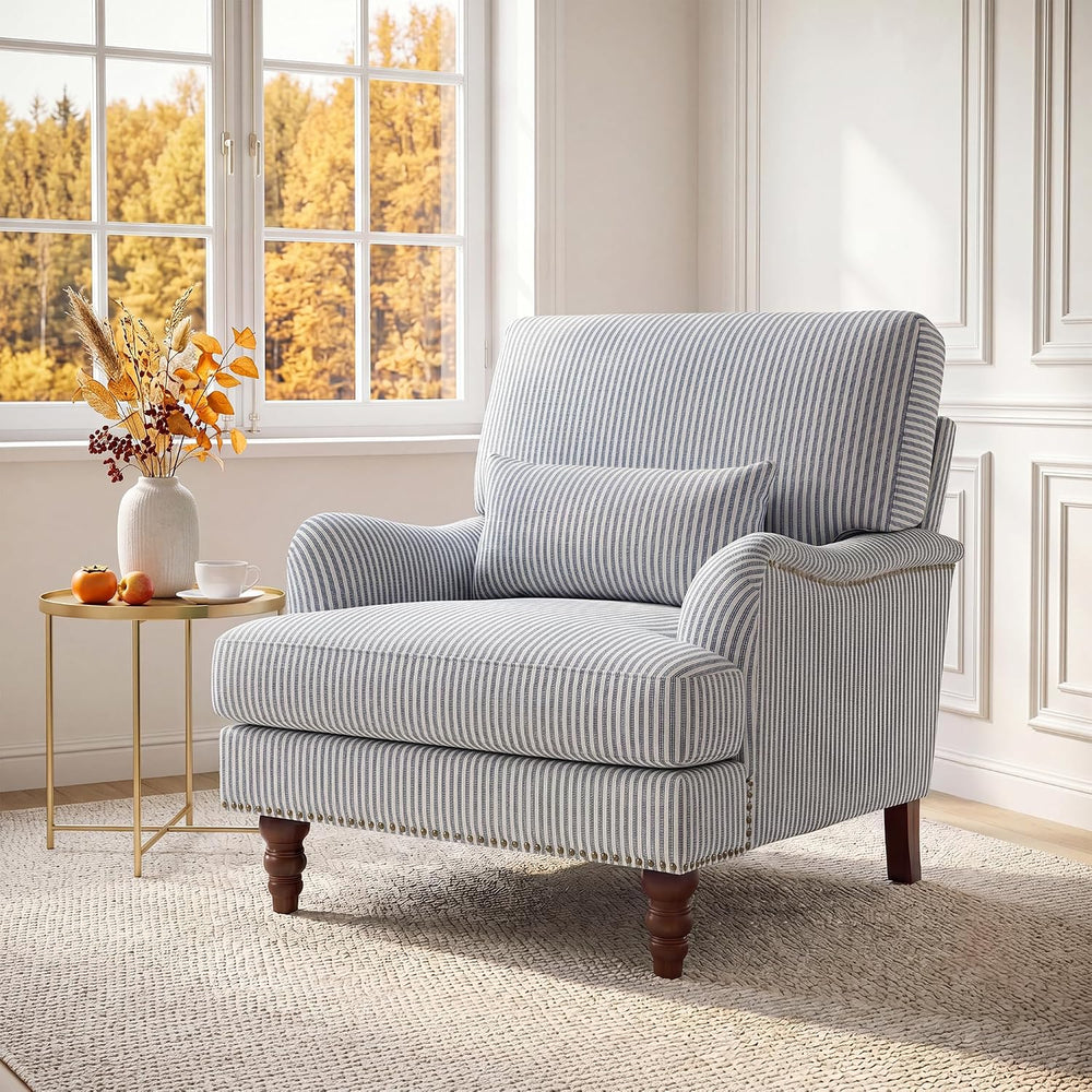 Mid-Century Modern Accent Chair with Lumbar Pillow, Pinstripe Blue, 1 Pack