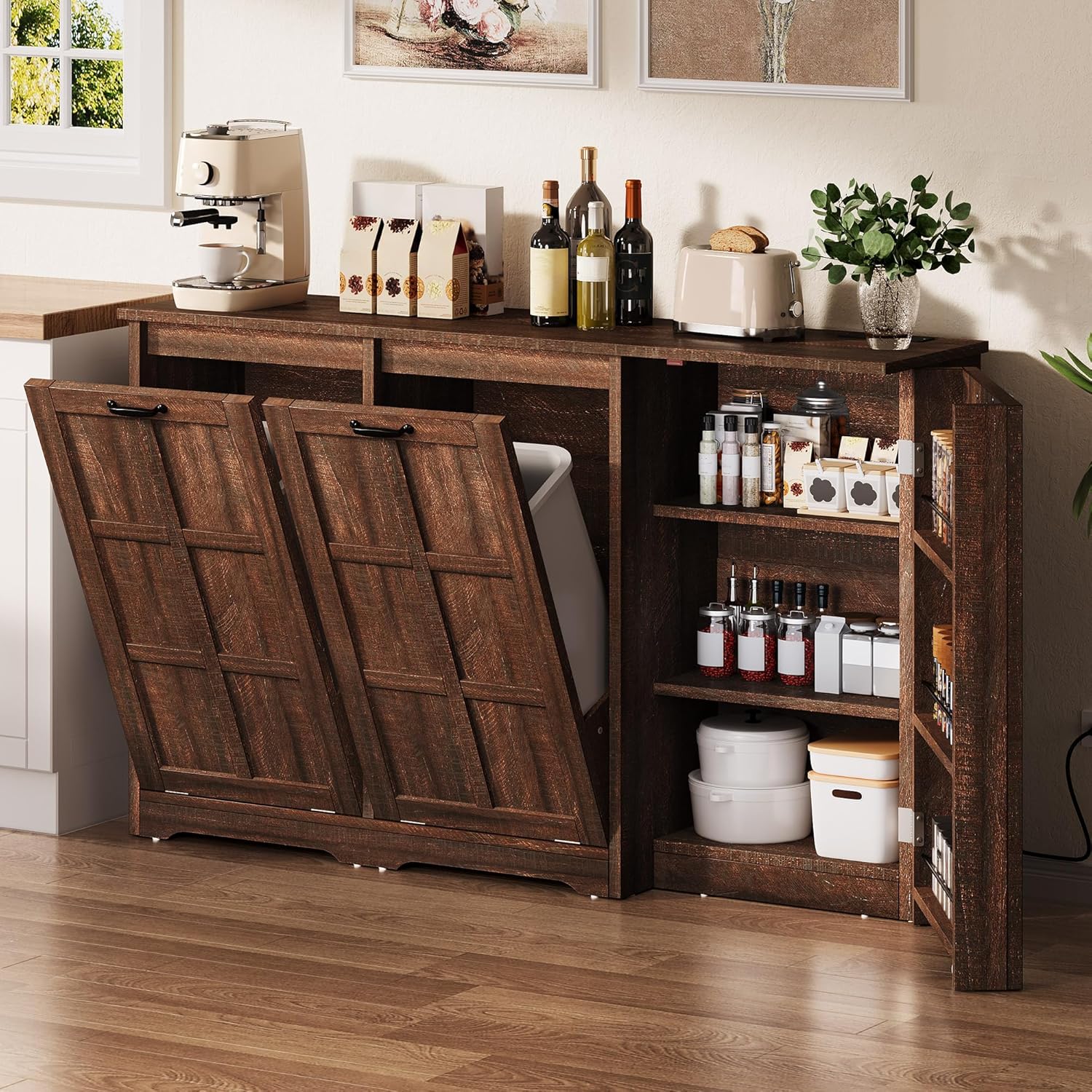 YITAHOME Kitchen Island with Power Outlet, 2 Tilt-Out Compartments | 2 tilt‑out compartments fit 13‑gallon trash bins. Adjustable shelf meets your storage demands