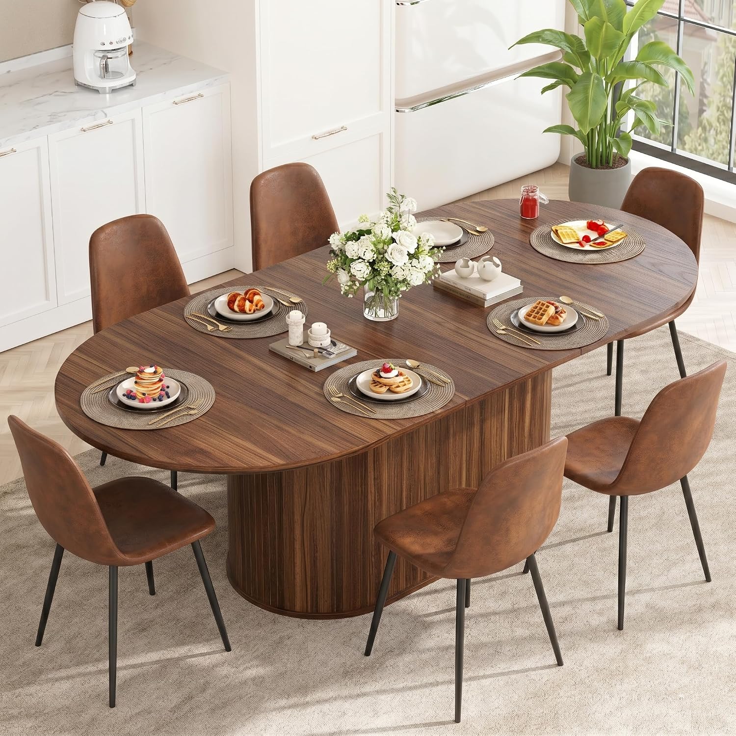 55"-71" Extendable Dining Table Set for 6, Oval Dining Room Table Set for 6, Modern Wood Kitchen Table Upholstered Chairs Set of 6, Ideal for Dining Room,Office, Space-Saving