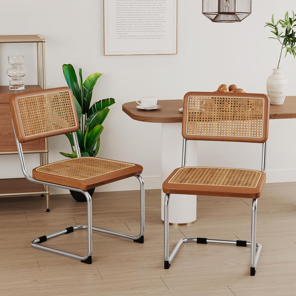Dining Chairs Set of 2,Natural Rattan Seat Kitchen Accent Side Chair-Brown