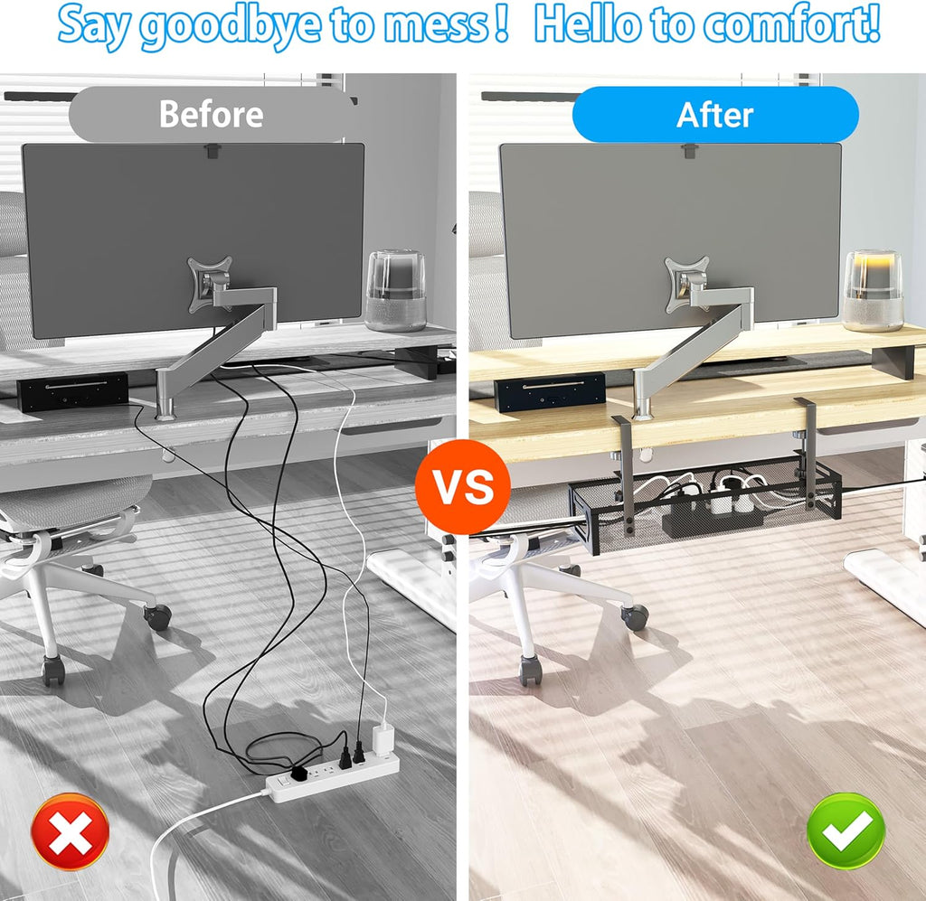 No Drill Under Desk Cable Management Tray, SONATURE 15.7" Cord Organizer for Table, Clamp Mount Desk Cable Management, Premium Carbon Steel Cable Organizer for Office, Home (Black)