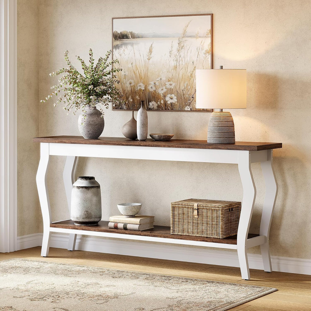 LITTLE TREE 70.9 Inches Long Console Table, 2-Tier Vintage Wooden Sofa Table ...