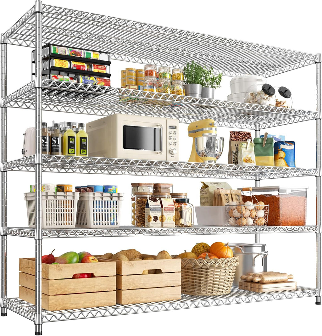 REIBII 55.5" W Storage Shelves 3200LBS Metal Shelving 5 Tier Wire Shelving Garage Shelving Heavy Duty Metal Shelves for Shelving Unit Commercial Adjustable Shelf, 55.5" W X 18''D X 71" H，Chrome