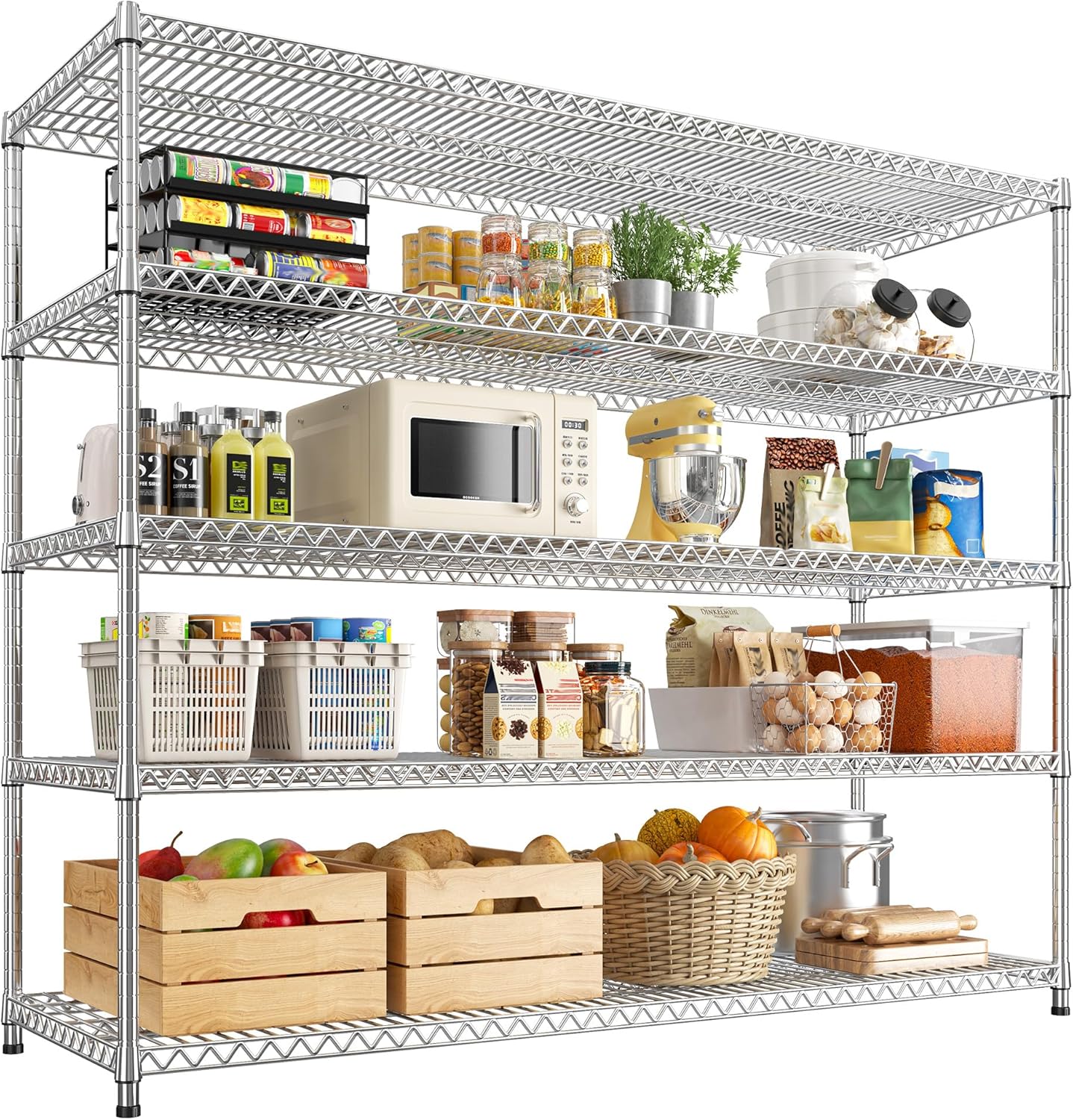 REIBII 55.5" W Storage Shelves 3200LBS Metal Shelving 5 Tier Wire Shelving Garage Shelving Heavy Duty Metal Shelves for Shelving Unit Commercial Adjustable Shelf, 55.5" W X 18''D X 71" H，Chrome
