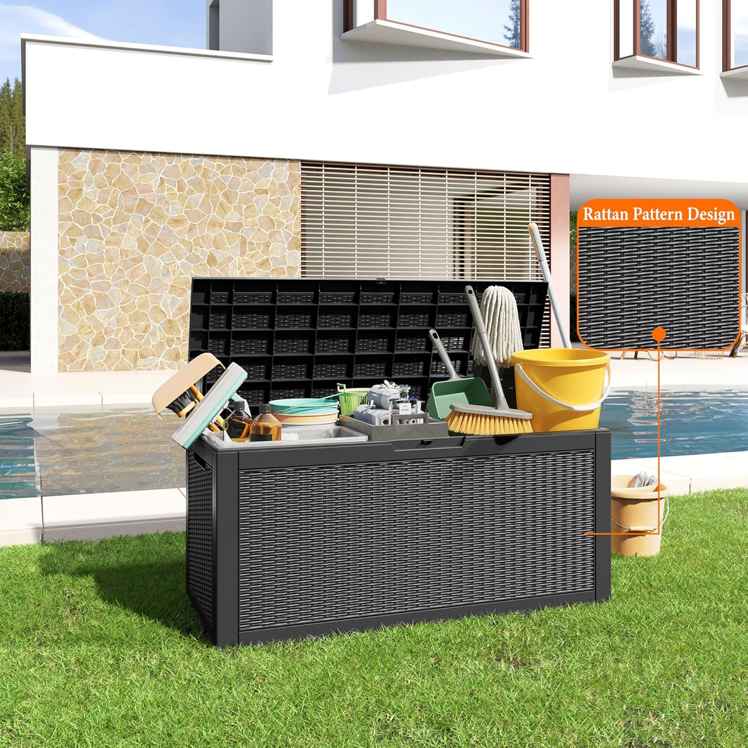 120 Gallon Resin Deck Box, Lockable Patio Outdoor Storage Box for Furniture, Garden Tools and Tools Storage, Waterproof Outside Storage Boxes - Black