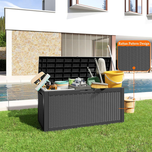 120 Gallon Resin Deck Box, Lockable Patio Outdoor Storage Box for Furniture, Garden Tools and Tools Storage, Waterproof Outside Storage Boxes - Black