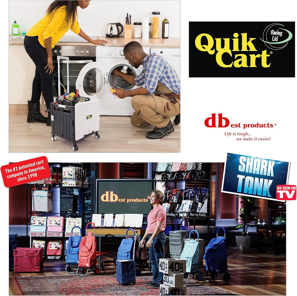 dbest products Quik Cart Swing Lid Four Swivel Wheeled Rolling Crate Teacher Utility with seat Heavy Duty Collapsible Basket with Dual Telescopic Wagon Handle