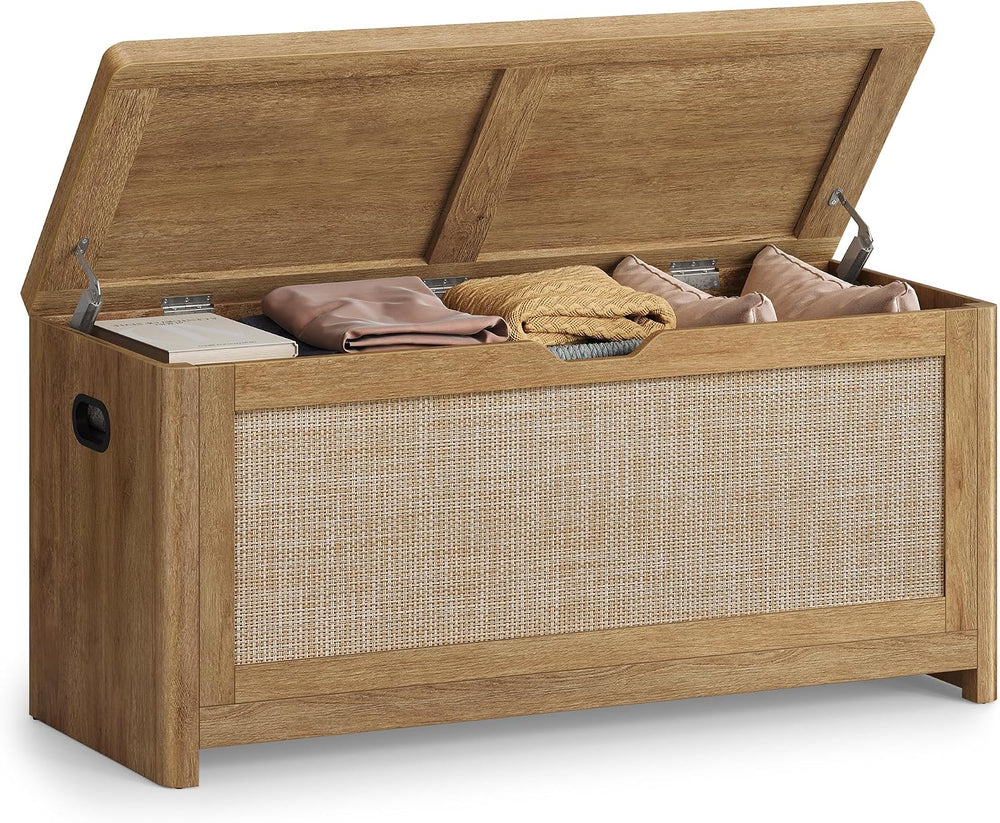 VASAGLE Boho Storage Bench with Rattan Look, Rounded Corners | Blanket Chest ...