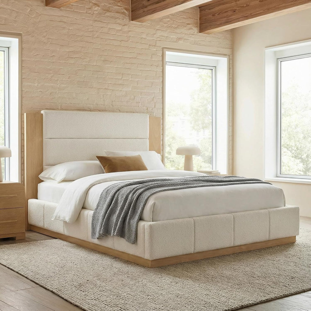 GDFStudio Queen Size Upholstered Platform Bed Frame with Extended Wood Headbo...