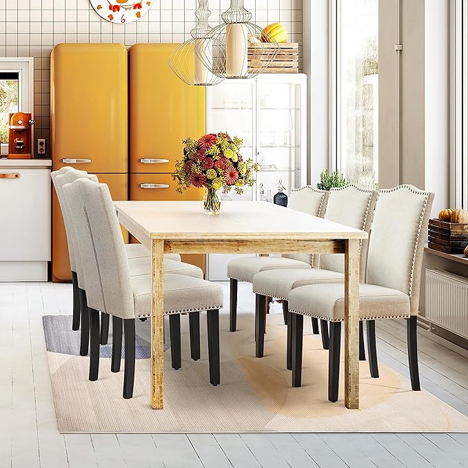 Yaheetech Dining Chairs Set of 6 Modern Kitchen Chairs with Fabric Upholstered Seat and Solid Wood Legs for Home/Kitchen/Living Room, Beige