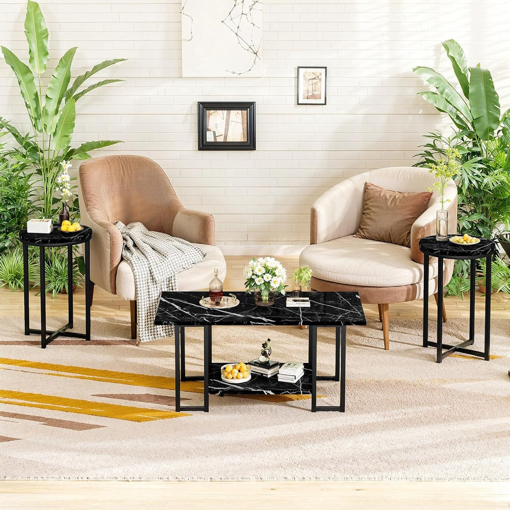 Lamerge 3 Pieces Living Room Table Set, Faux Marble Coffee Table with 2 Round...