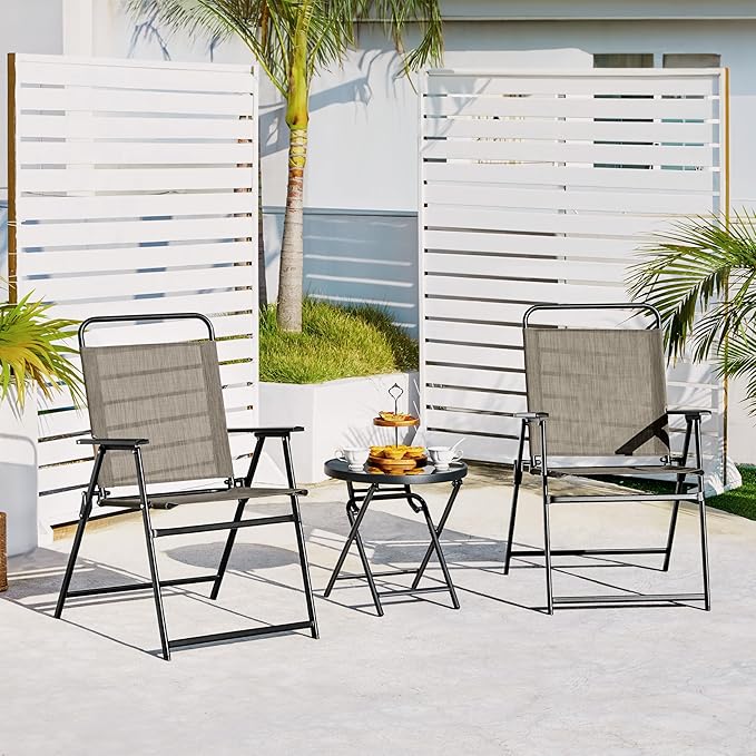 Yaheetech Outdoor Patio Chairs Set of 2, Folding Patio Chairs for Outside with Metal Frame, Armrests, Portable Dining Chairs for Camping, Lawn, Garden and Porch, Brown
