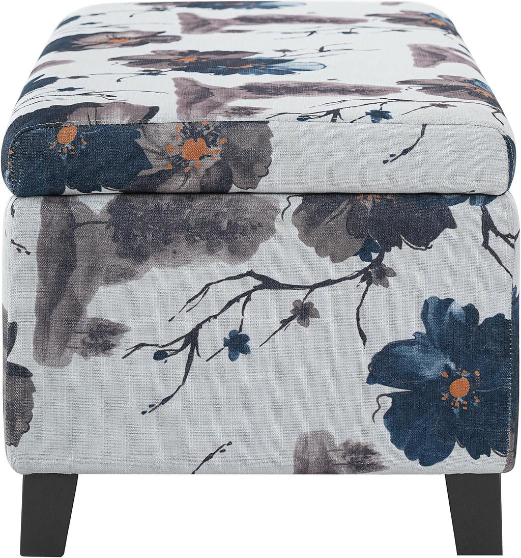 Christopher Knight Home Nesbit Living Room Ottoman with Storage, Entryway Fabric Upholstered Storage Ottoman Bench, Rectangular Sofa Foot Stool, Bedroom End of Bed Bench, Blue Flower+White