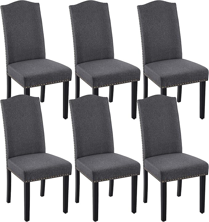 Yaheetech Upholstered Dining Chairs Set of 6, Modern Kitchen Chairs with Nailhead Trims and Solid Wood Legs for Dining Room, Living Room, Restaurant, Fabric Armless Design, Dark Gray