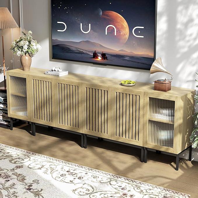 Modern TV Stand for TVs up to 100 Inch, Entertainment Center TV Console with Storage Cabinets and Glass Doors,Media Console for Living Room,Oak