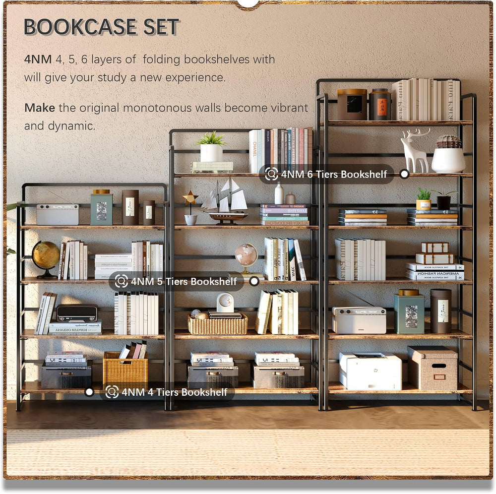 4NM No Assembly Extra Wide 4 Tier Folding Bookshelf Storage Shelves Vintage B...