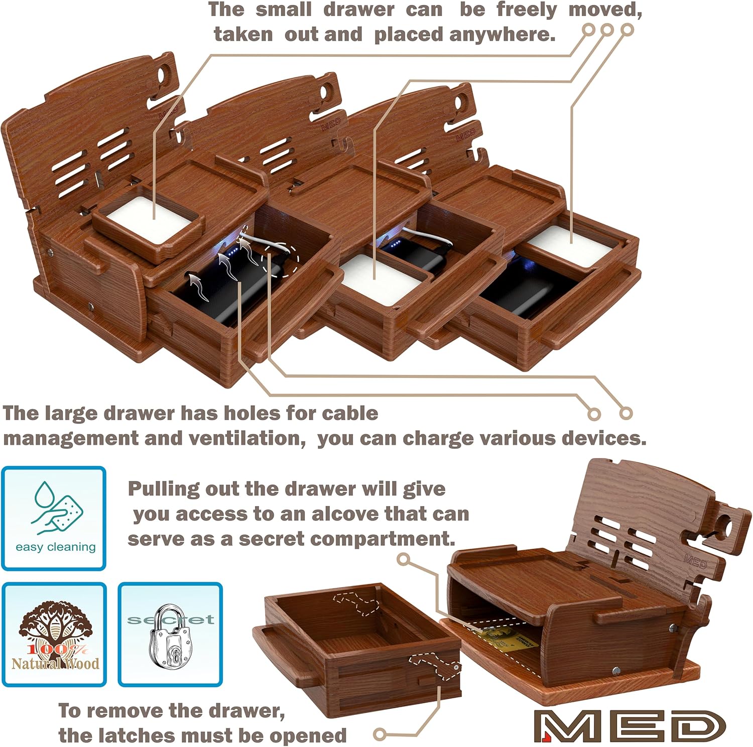 MED Wood Phone Docking Station – Nightstand Desk Organizer for Phone, Watch, Wallet & Tablet – Gift for Men, Husband, Dad & Women – Wooden Charging Stand (Dark Walnut, Model 3)