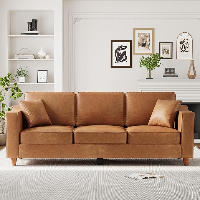 Faux Leather Couch with 2 Throw Pillows, Sofa Couches for Living Room, 3 Seater Sofa with Wide Armrests, Wood Legs, Deep Seats, Back Cushion, Sturdy Support Feet, for Office, Living Room, Brown