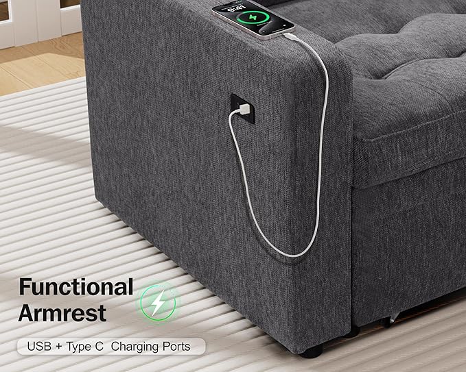 Vipbear 5 Seat L Shaped Modular Sectional Sleeper Sofa Bed with Pull Out Bed/Reclining Backrest/USB Ports/Storage Seat, Sectional Sleeper Couch, Tool-Free Assembly, Chenille Dark Grey